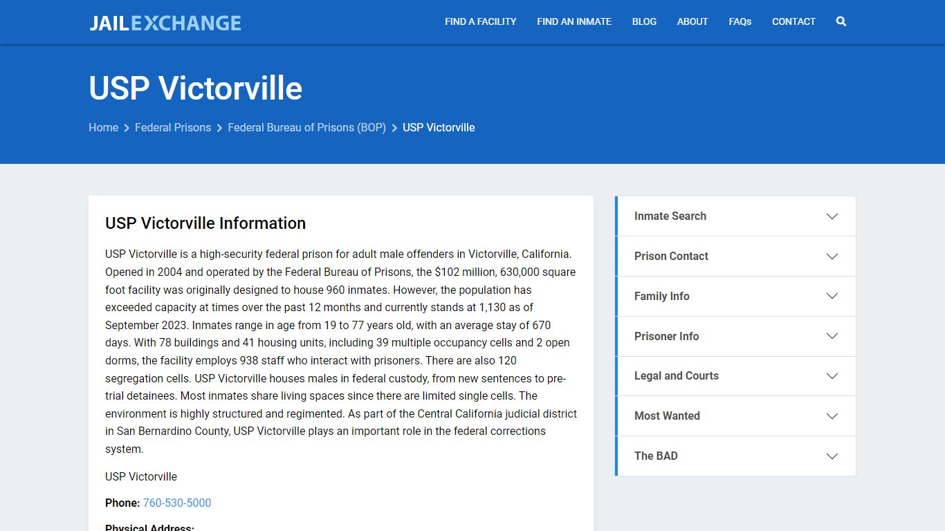 Federal Inmate Search - USP Victorville - Jail Exchange